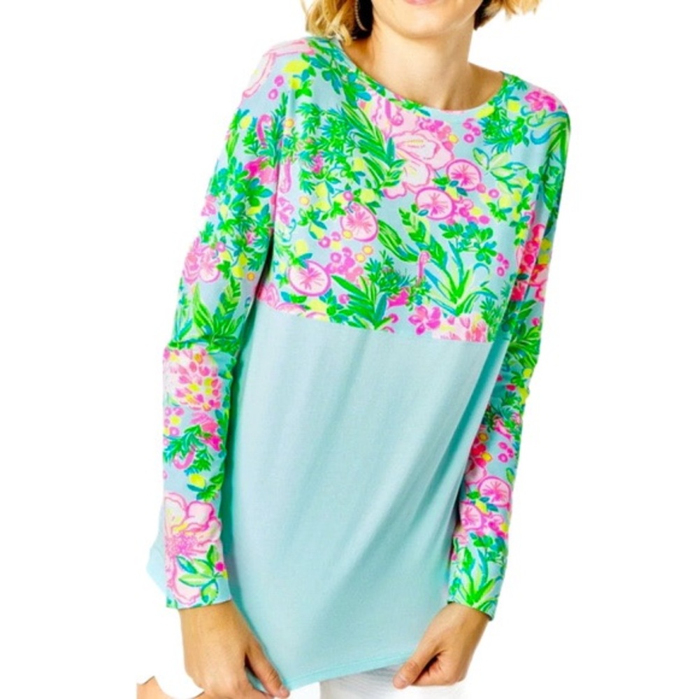 Lilly Pulitzer Finn Top in Sea Salt Blue/Fruity Flamingo